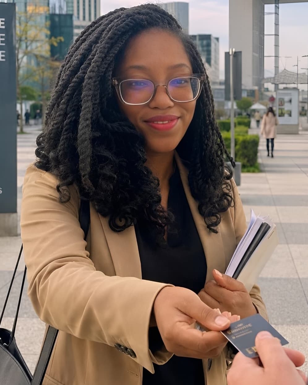 Jessica Mousoke, consultante formatrice, tend sa carte de visite sur une esplanade d'affaires